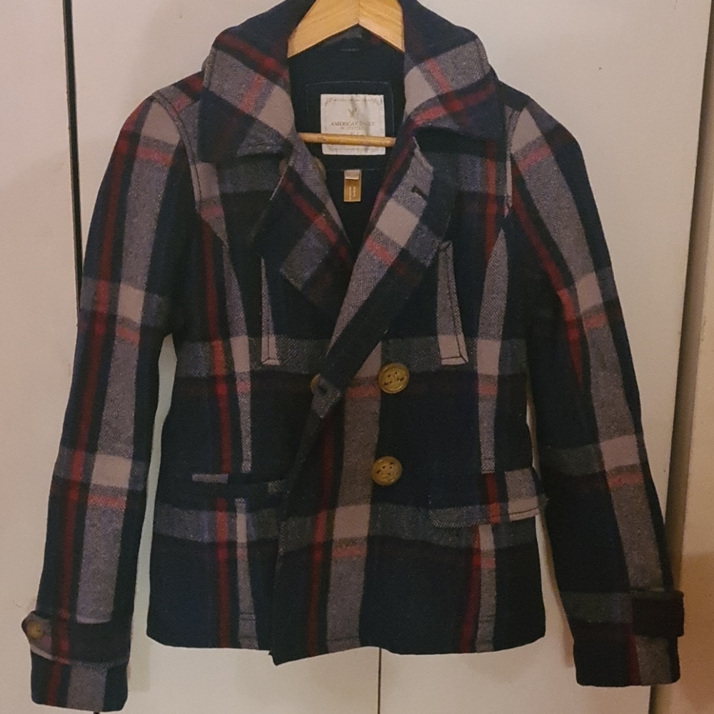 American eagle S blue/red plaid pea coat
